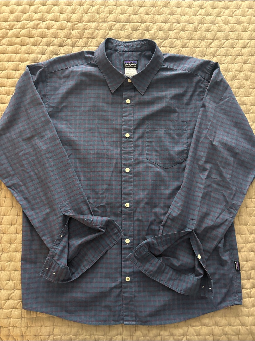 Patagonia Men's Button-Down Shirt — Navy with Subtle Red Plaid
